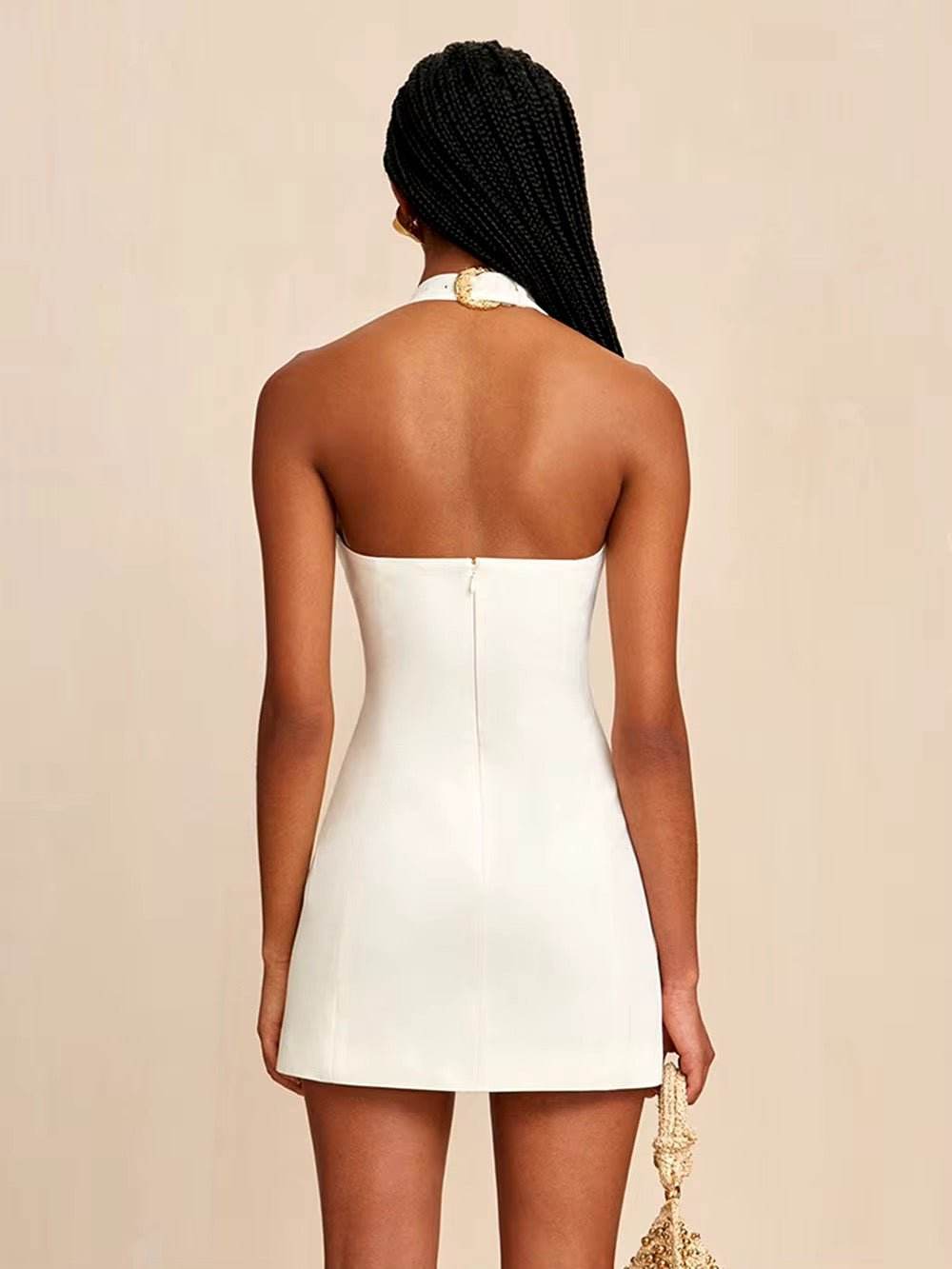 Hollow Out Diamond metal buckle design Halter Dress - REBECATHELABEL