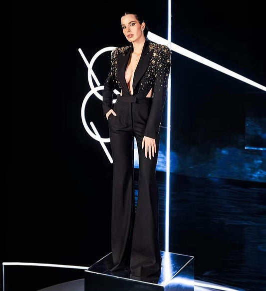 jumpsuit Backless Colorful Diamond Long sleeved Pants - REBECATHELABEL