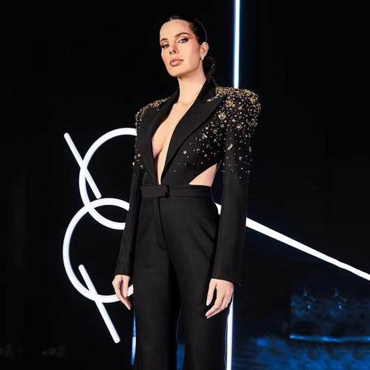 jumpsuit Backless Colorful Diamond Long sleeved Pants - REBECATHELABEL