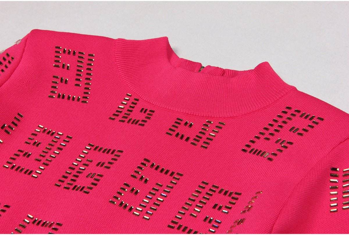 Knitted round Neck Rhinestone Slim Fit Slimming Long Sleeves Dress - REBECATHELABEL