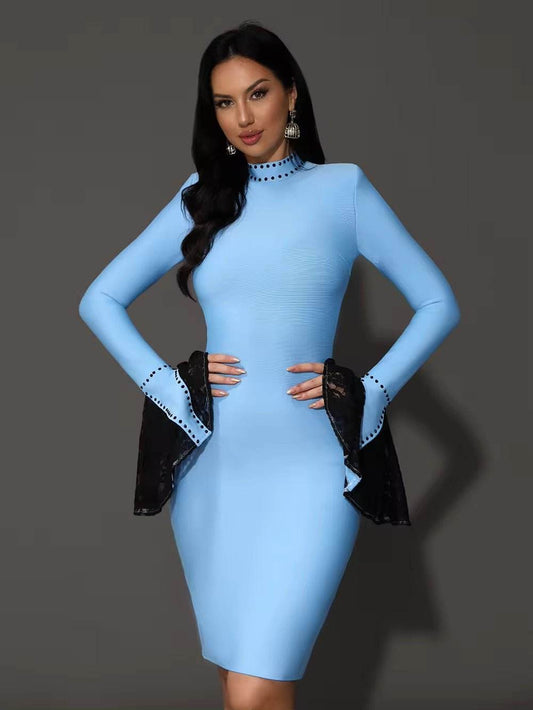 Lace Flare Sleeve Beaded Tight Bandage Dress - REBECATHELABEL