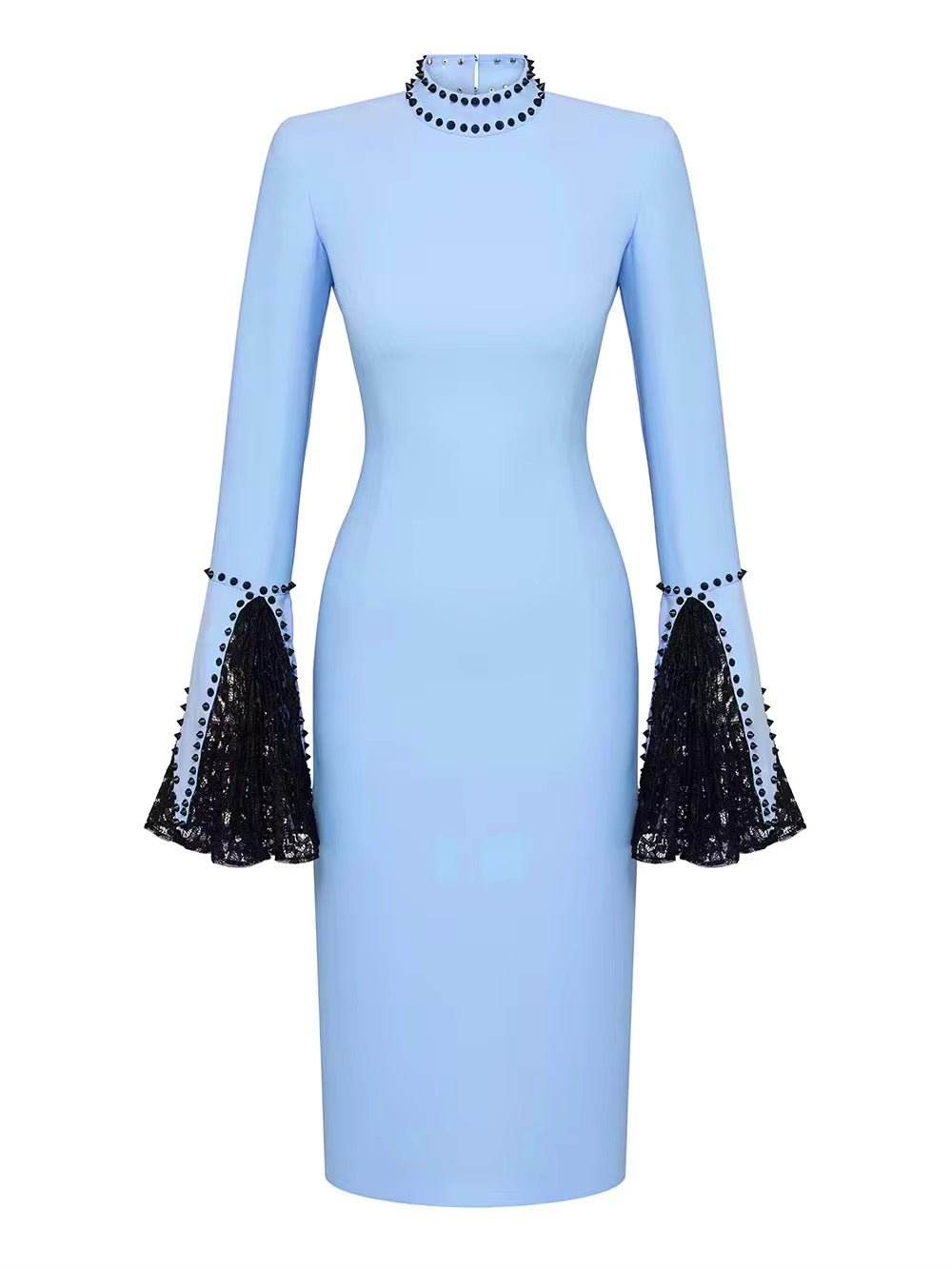 Lace Flare Sleeve Beaded Tight Bandage Dress - REBECATHELABEL