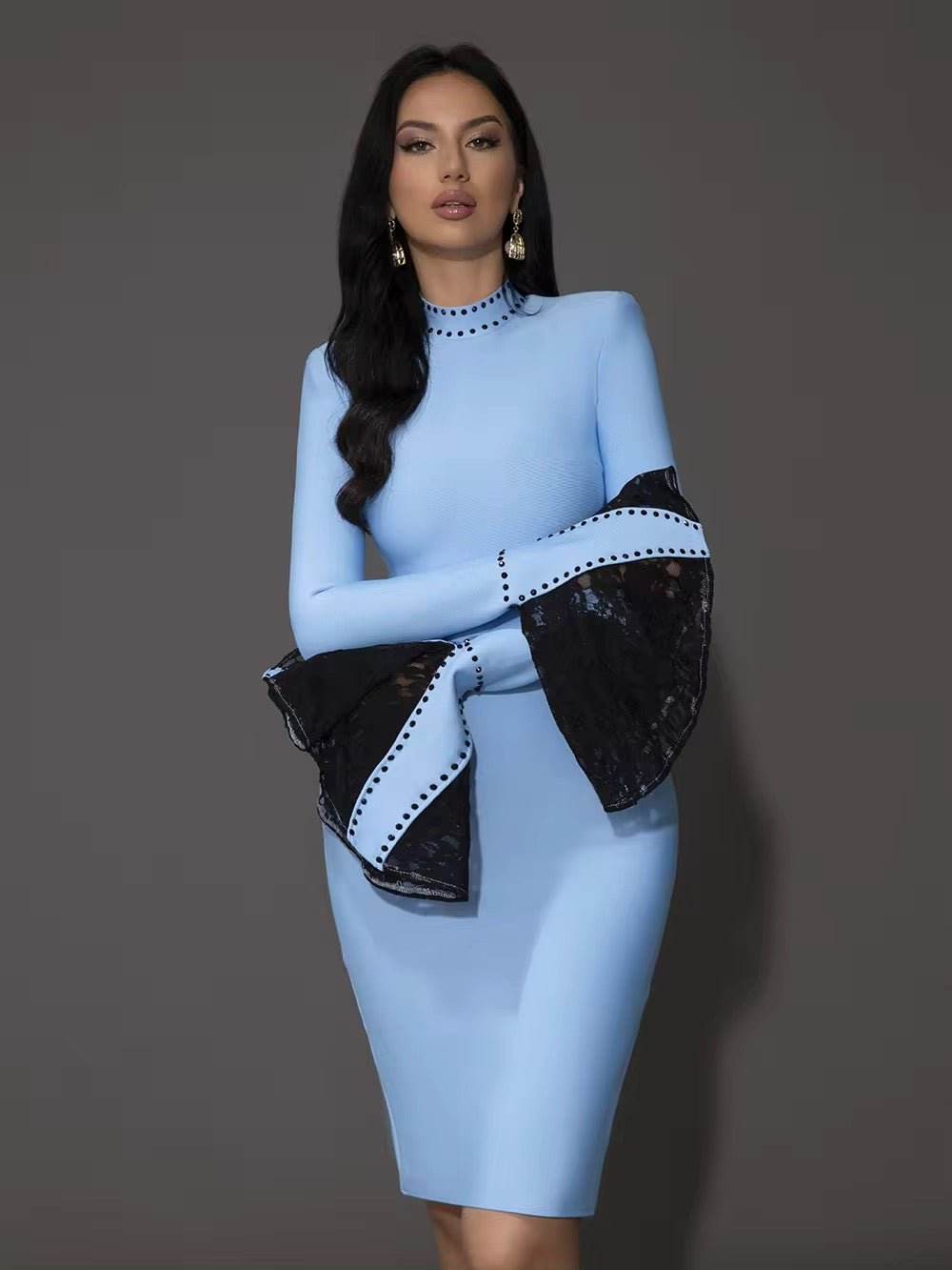 Lace Flare Sleeve Beaded Tight Bandage Dress - REBECATHELABEL