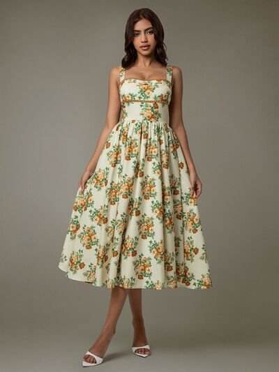 Lace Trim Floral Sleeveless Midi Dress - REBECATHELABEL