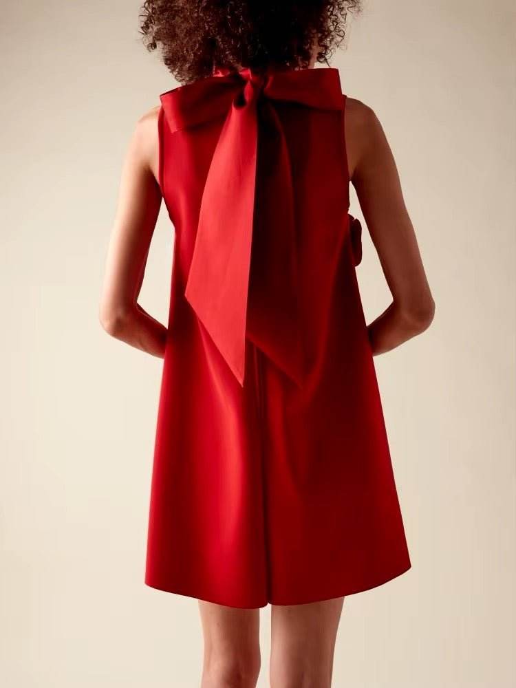 Lace-up Neck Appliques Flower Mini Loose Dress - REBECATHELABEL