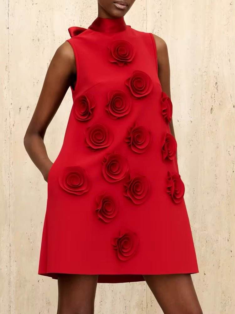 Lace-up Neck Appliques Flower Mini Loose Dress - REBECATHELABEL