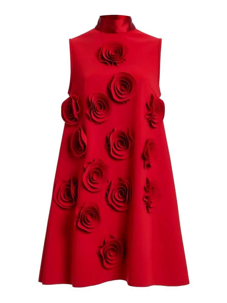 Lace-up Neck Appliques Flower Mini Loose Dress - REBECATHELABEL