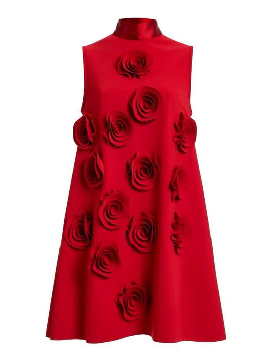 Lace-up Neck Appliques Flower Mini Loose Dress - REBECATHELABEL