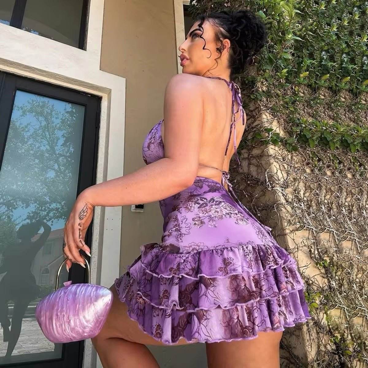 Lace-Up Ruffles Mini Vacation Dress - REBECATHELABEL