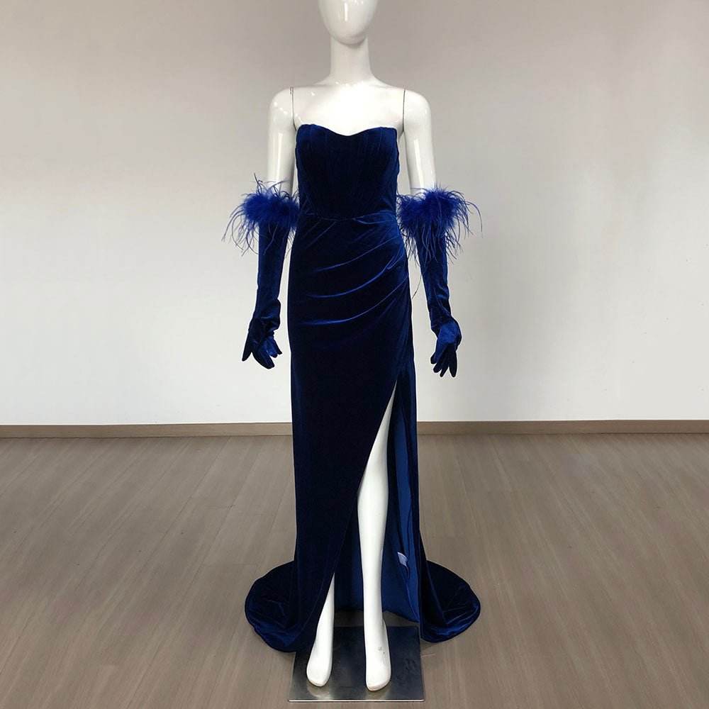 Lala velvet feather floor length dress - REBECATHELABEL