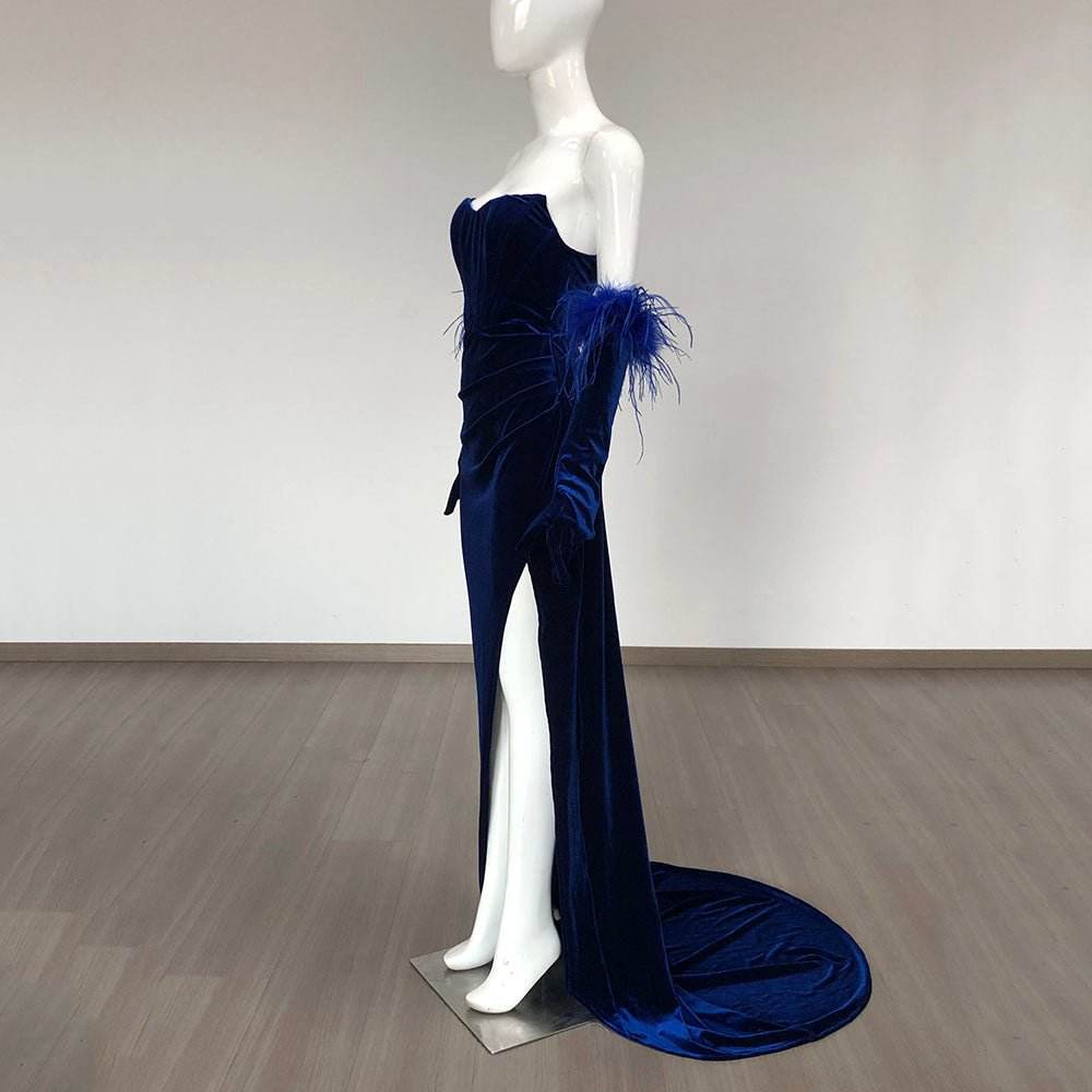 Lala velvet feather floor length dress - REBECATHELABEL