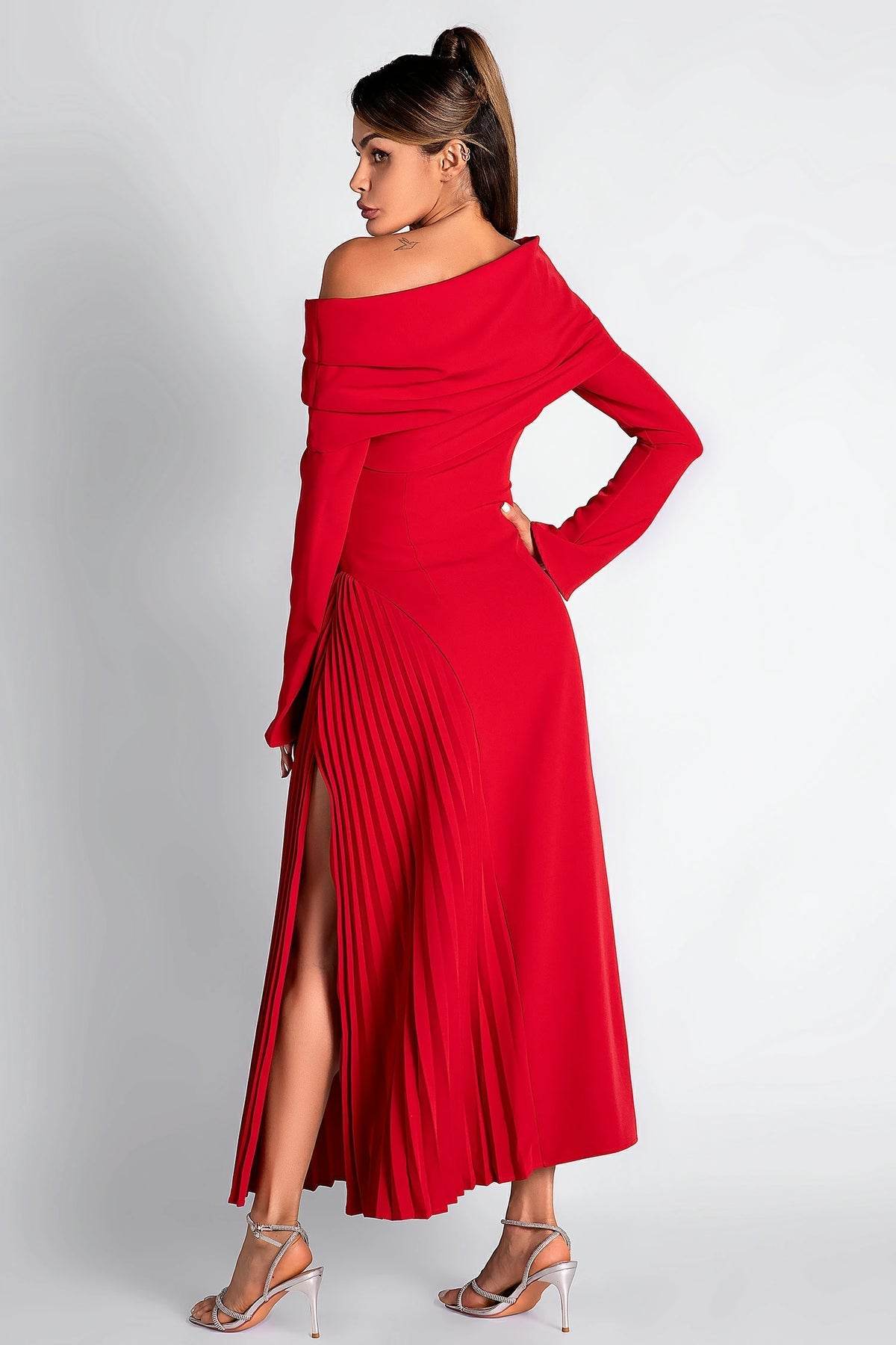 Langtry One Shoulder Pleat Slit Dress - REBECATHELABEL