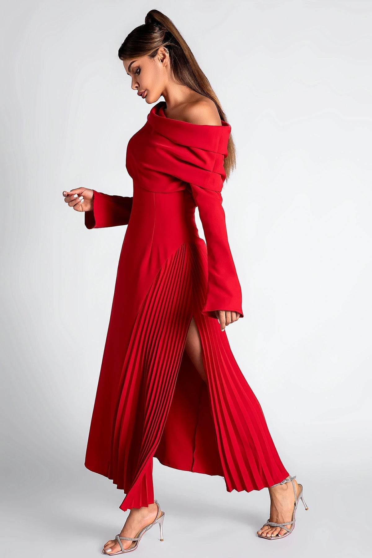 Langtry One Shoulder Pleat Slit Dress - REBECATHELABEL