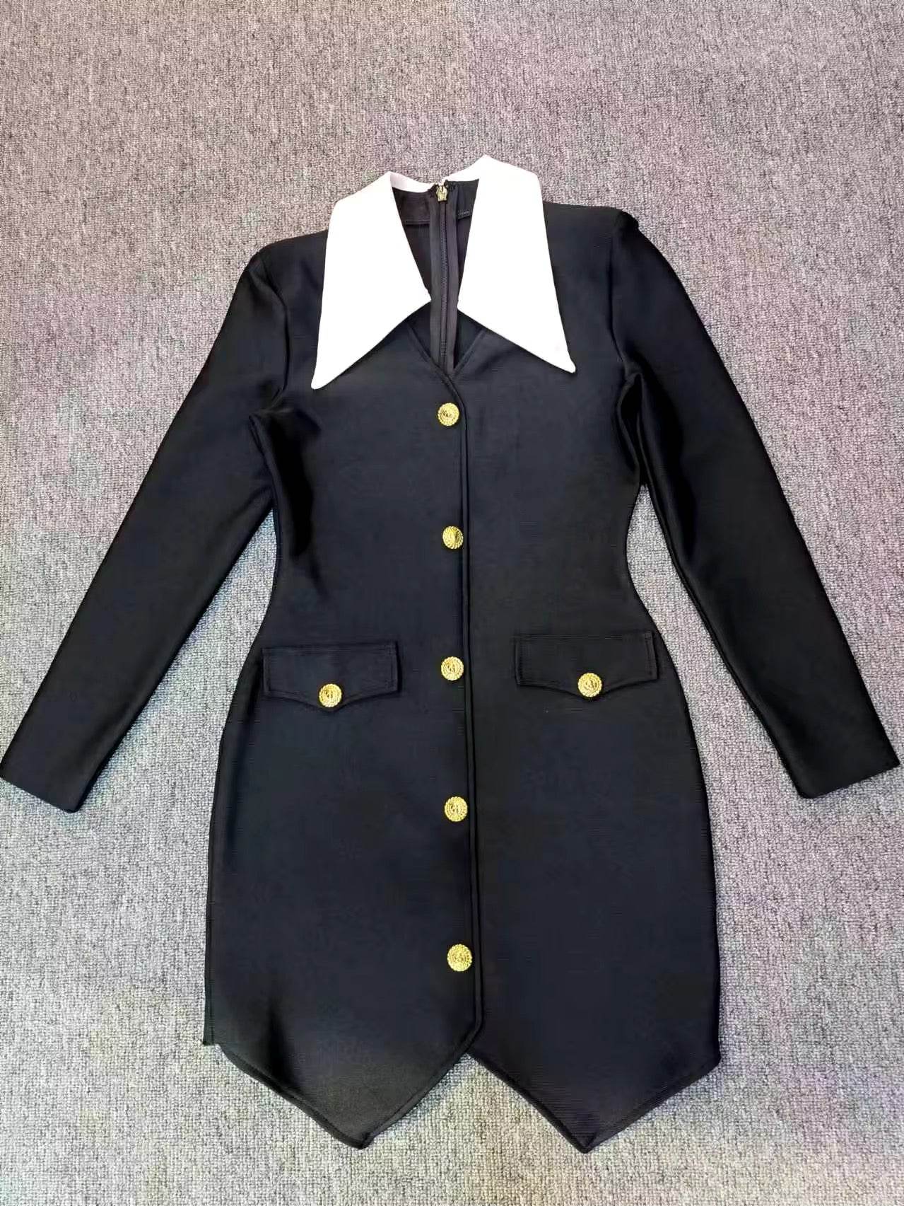 Lapel Long Sleeve Bandage Dress - REBECATHELABEL