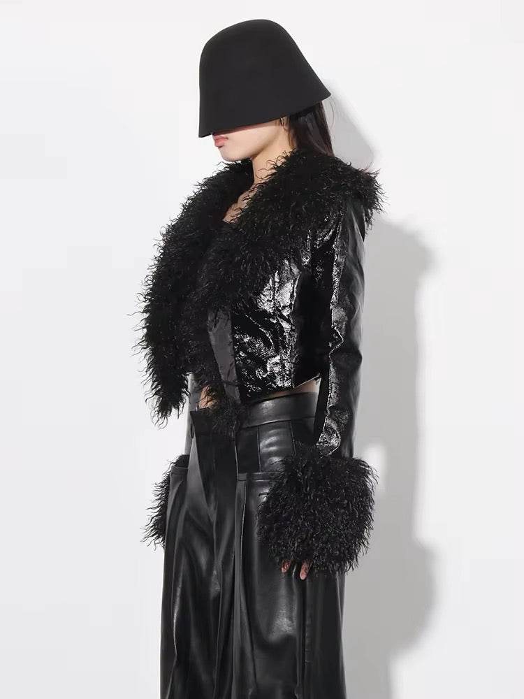 Lapel Long Sleeve Patchwork Feather jacket - REBECATHELABEL