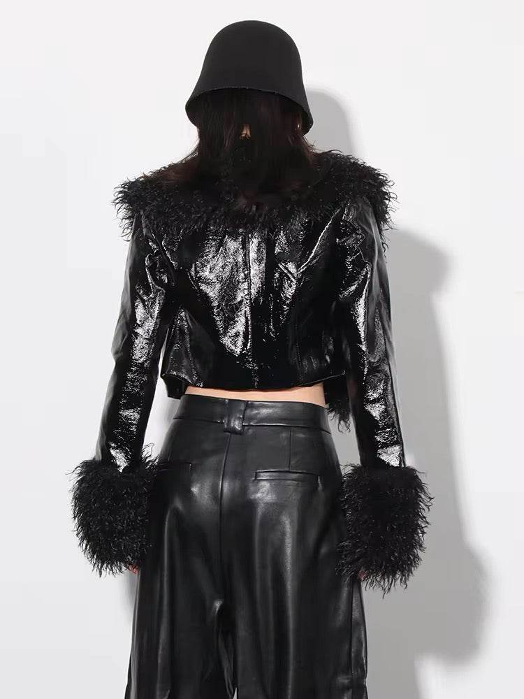 Lapel Long Sleeve Patchwork Feather jacket - REBECATHELABEL