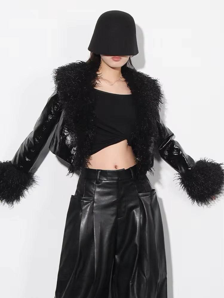 Lapel Long Sleeve Patchwork Feather jacket - REBECATHELABEL