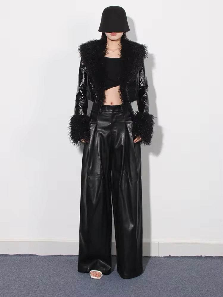 Lapel Long Sleeve Patchwork Feather jacket - REBECATHELABEL