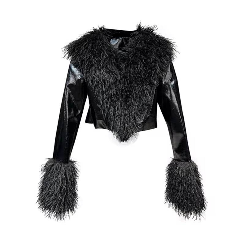 Lapel Long Sleeve Patchwork Feather jacket - REBECATHELABEL