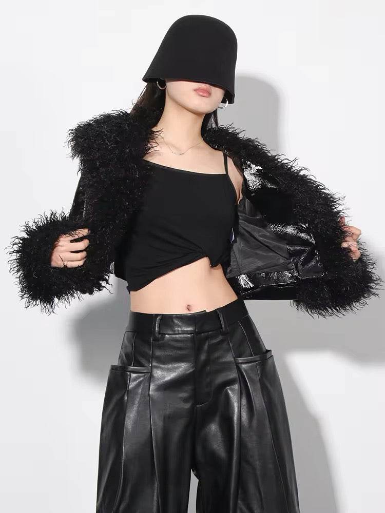 Lapel Long Sleeve Patchwork Feather jacket - REBECATHELABEL