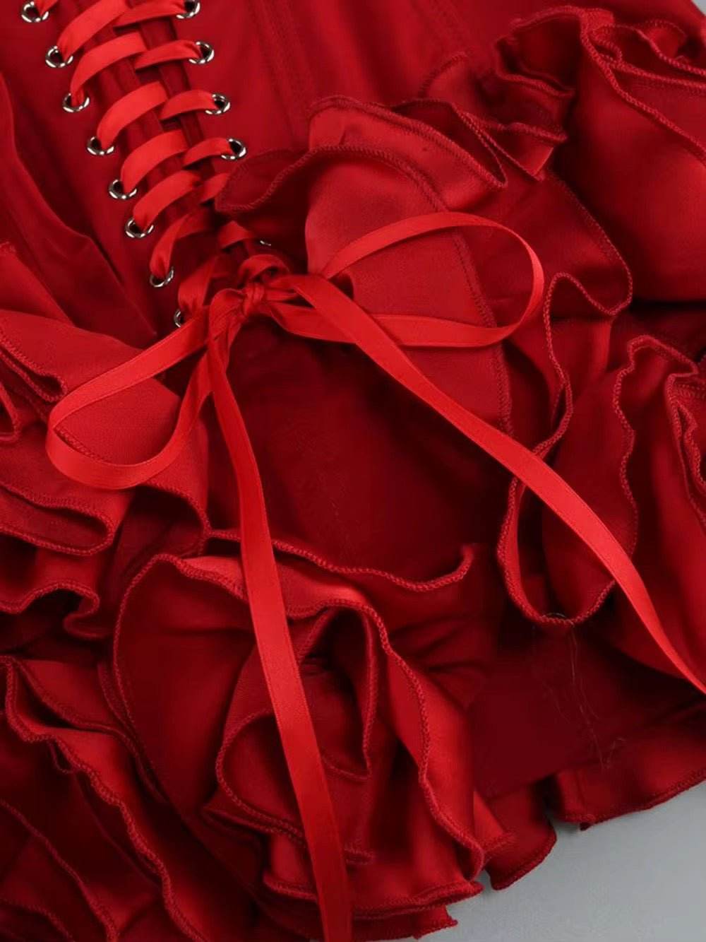 Layered Ruffle Edge Lace Up Tight Mini Dress - REBECATHELABEL