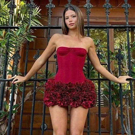 Layered Ruffle Edge Lace Up Tight Mini Dress - REBECATHELABEL