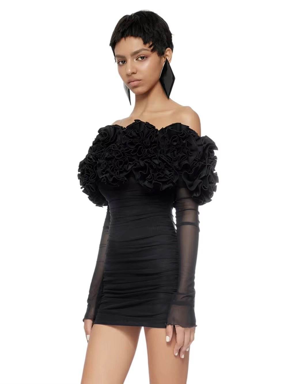 Layered Ruffle Edge Sexy Off Shoulder Mini Dress - REBECATHELABEL