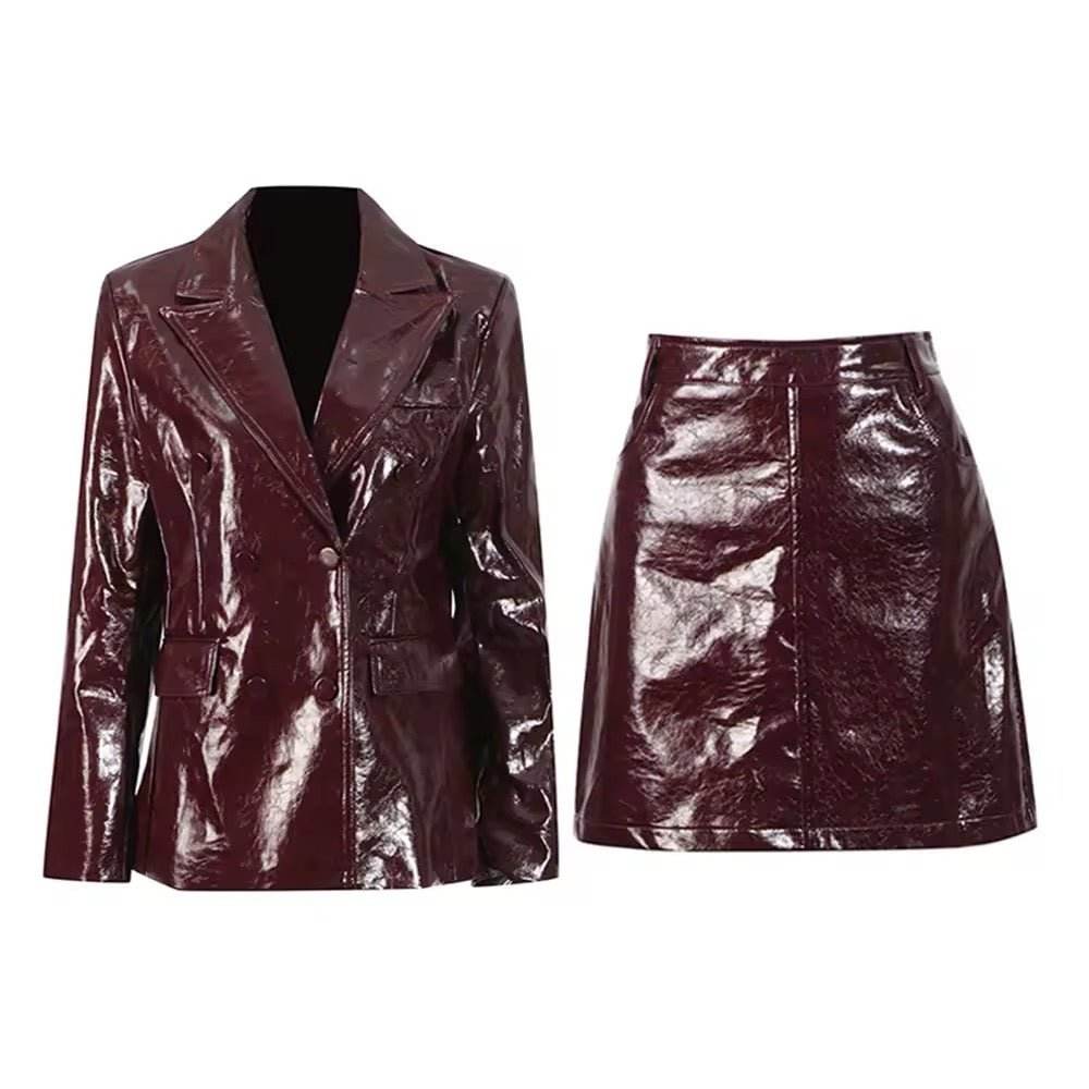Leather Blazer Skirt Sets - REBECATHELABEL