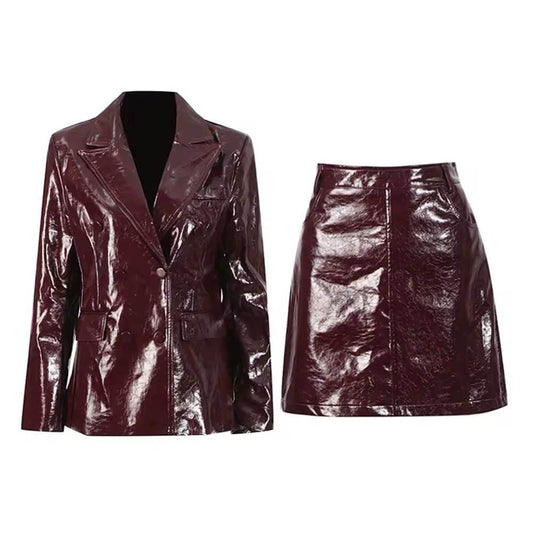 Leather Blazer Skirt Sets - REBECATHELABEL