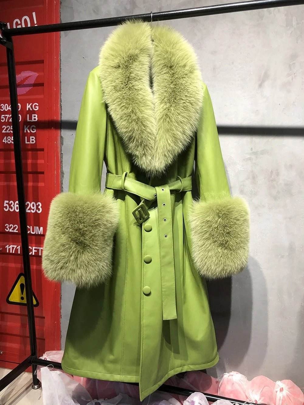 Leather Coat Fur Collar Lady Long with Big Fur Collar and Cuff - REBECATHELABEL