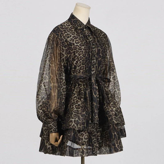 Leopard Print Vintage Lapel Long Sleeve Mini Dress - REBECATHELABEL