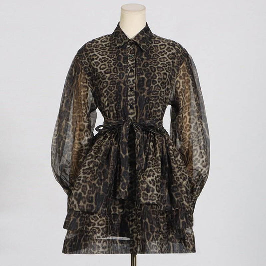 Leopard Print Vintage Lapel Long Sleeve Mini Dress - REBECATHELABEL