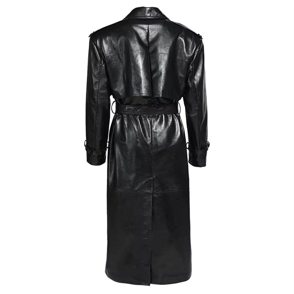 Long Oversized Black Pu Leather Trench Coat - REBECATHELABEL