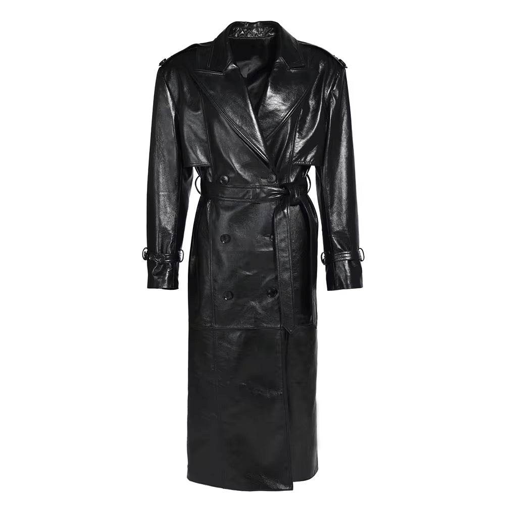 Long Oversized Black Pu Leather Trench Coat - REBECATHELABEL