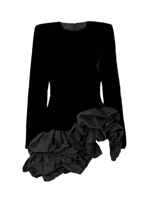 Long Sleeve Asymmetrical Ruffles Velvet Mini Dress - REBECATHELABEL
