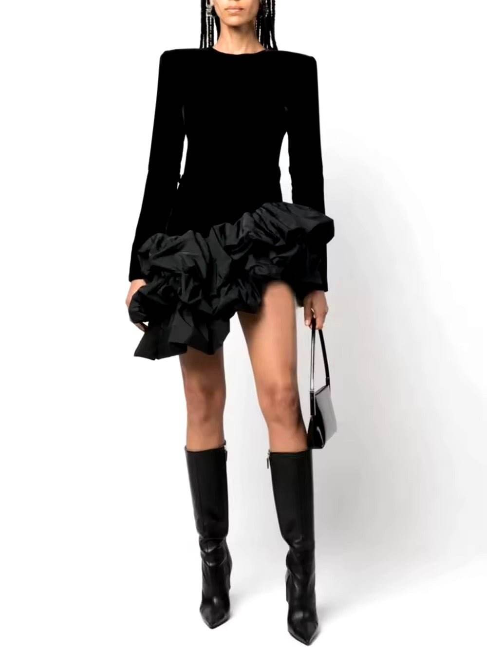 Long Sleeve Asymmetrical Ruffles Velvet Mini Dress - REBECATHELABEL