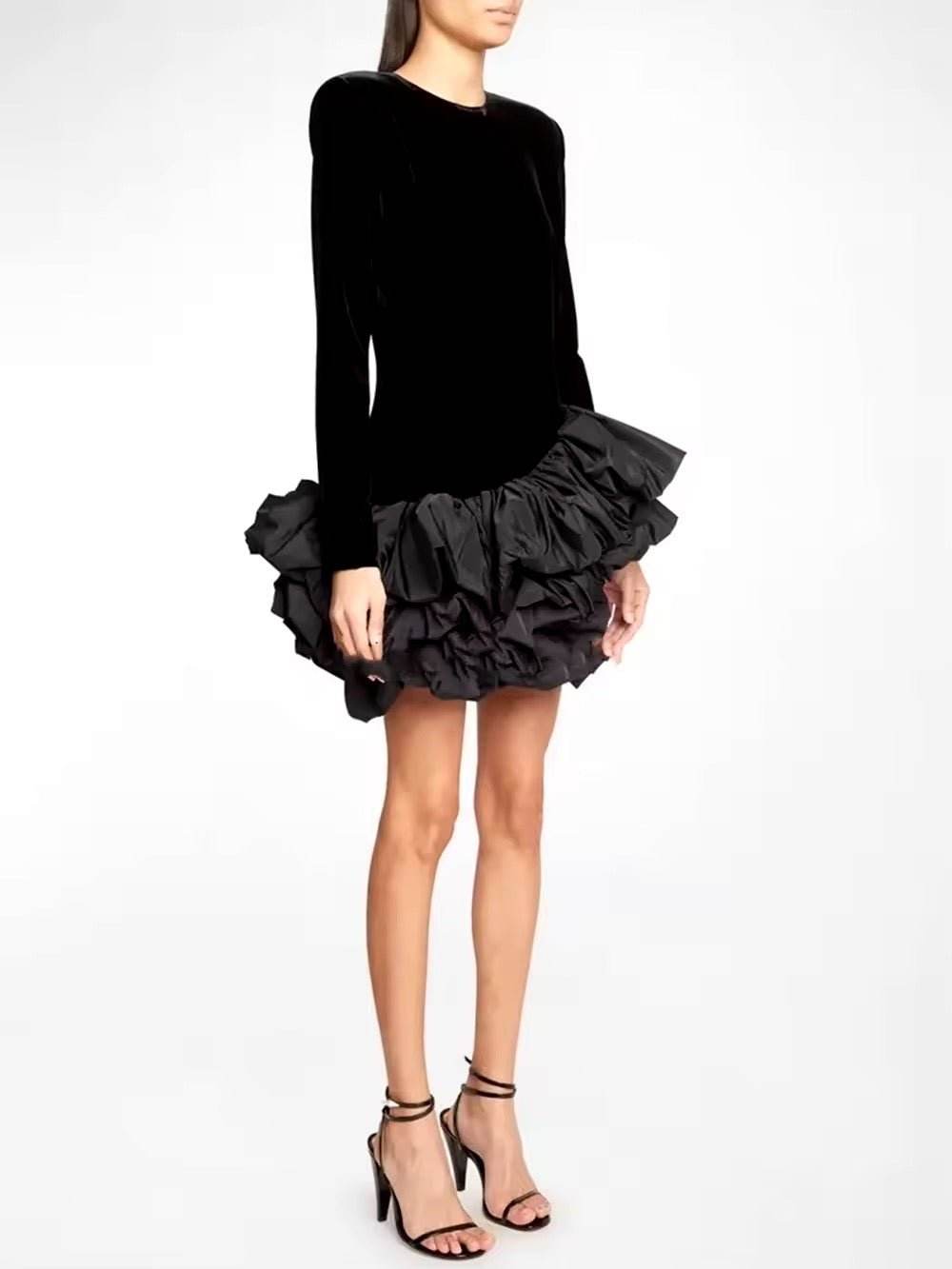 Long Sleeve Asymmetrical Ruffles Velvet Mini Dress - REBECATHELABEL