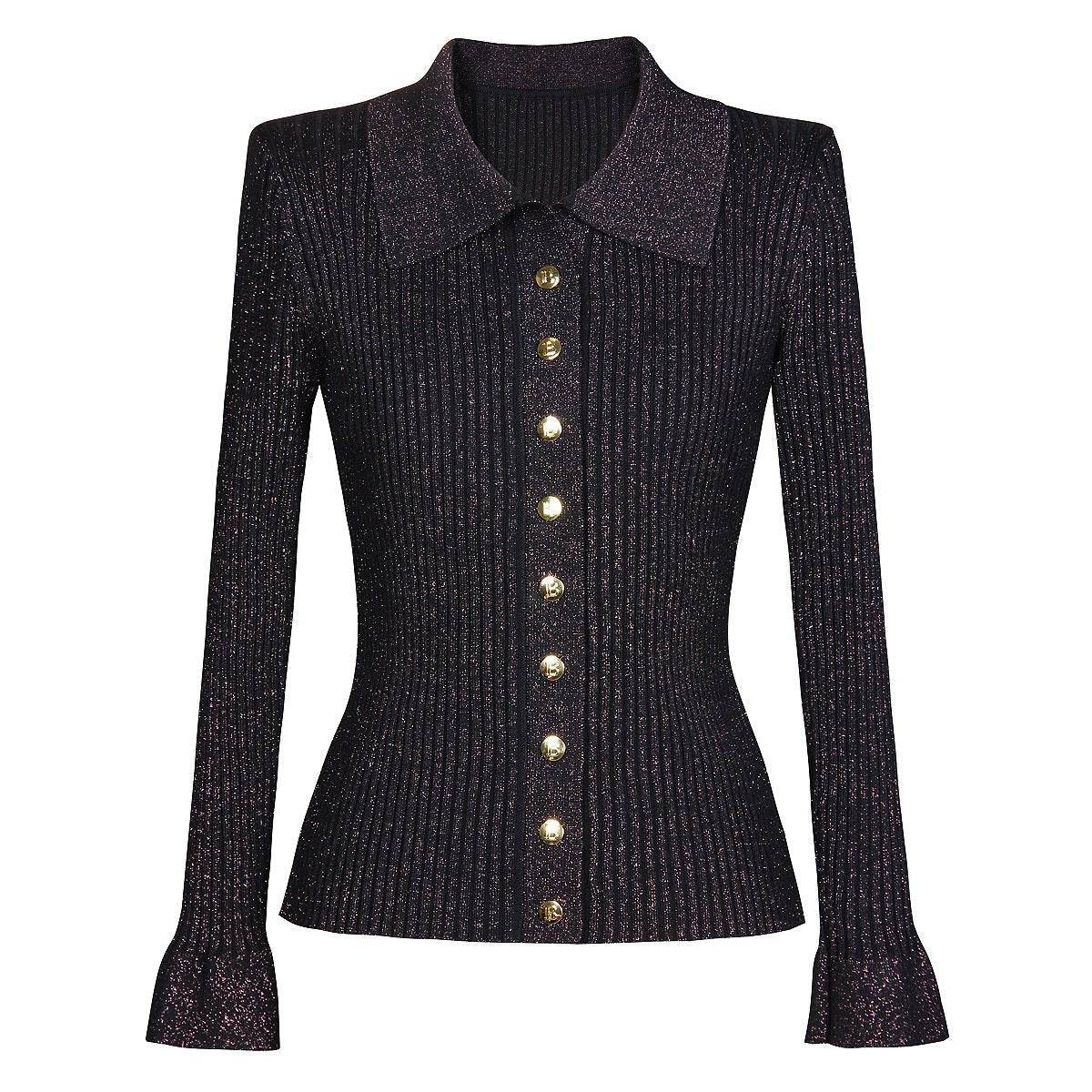 Long Sleeve Collared Bright Silk Cardigan Woolen - REBECATHELABEL