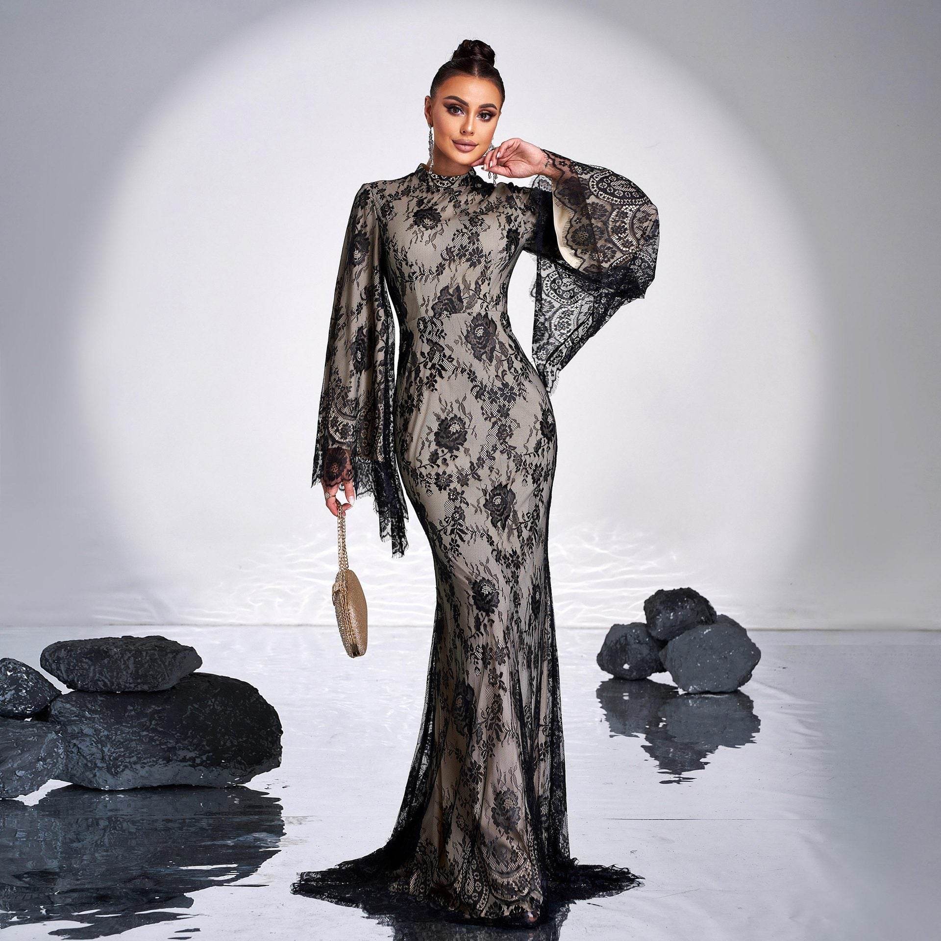 Long Sleeve Crew Neck Sexy Long Lace Cocktail Evening Dress - REBECATHELABEL