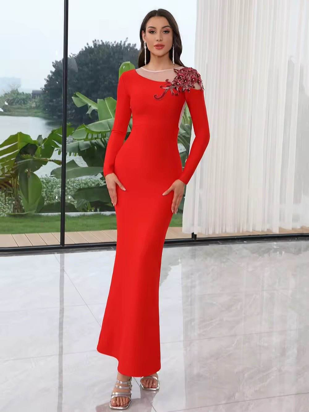 Long Sleeve Embroidered Flower Back Mesh Design Maxi dress - REBECATHELABEL