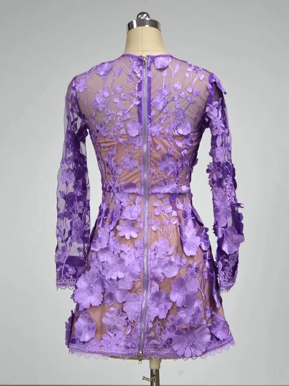 Long Sleeve Embroidered Flower High Waist Mini A-line Dress - REBECATHELABEL