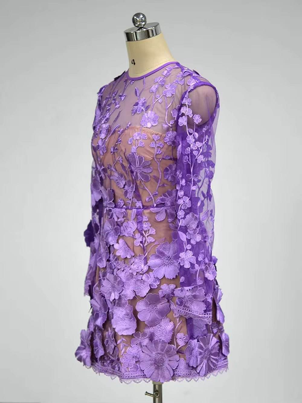 Long Sleeve Embroidered Flower High Waist Mini A-line Dress - REBECATHELABEL