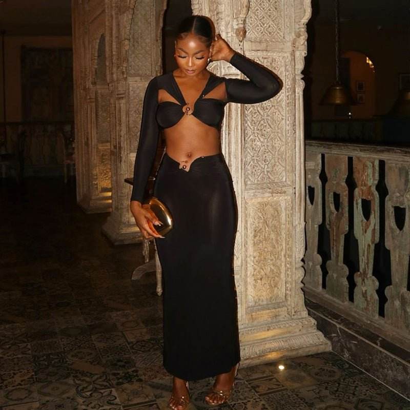Long Sleeve Hollow Out Cutout Cropped Top Close Fitting Slim Fitting Maxi Skirt Set - REBECATHELABEL