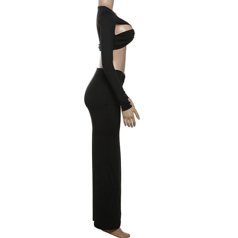 Long Sleeve Hollow Out Cutout Cropped Top Close Fitting Slim Fitting Maxi Skirt Set - REBECATHELABEL