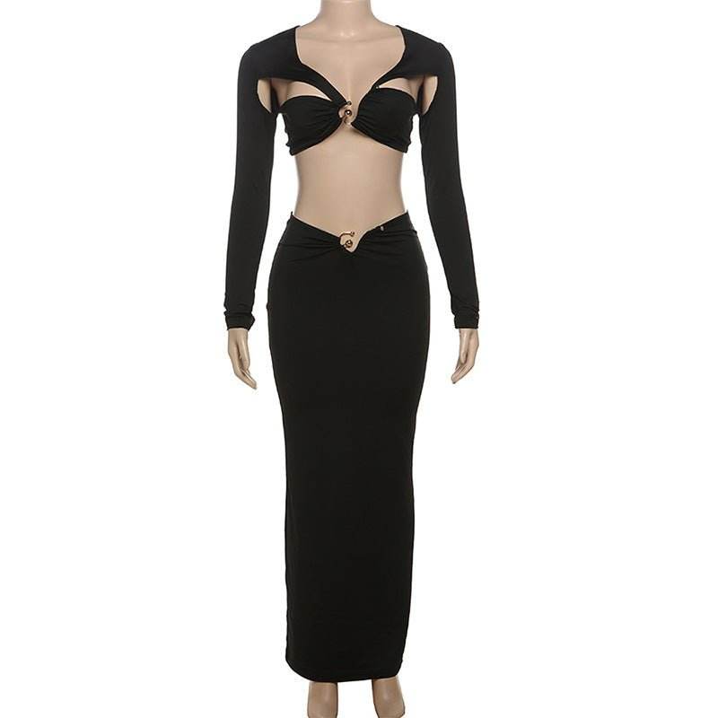 Long Sleeve Hollow Out Cutout Cropped Top Close Fitting Slim Fitting Maxi Skirt Set - REBECATHELABEL