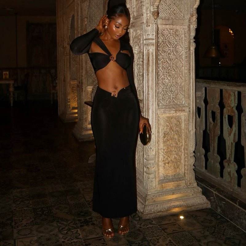 Long Sleeve Hollow Out Cutout Cropped Top Close Fitting Slim Fitting Maxi Skirt Set - REBECATHELABEL