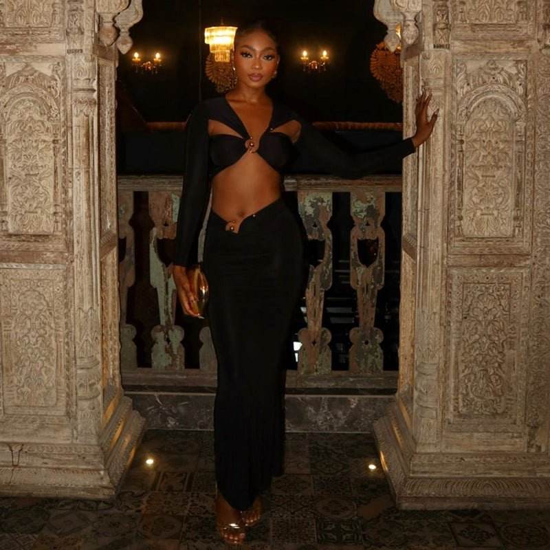 Long Sleeve Hollow Out Cutout Cropped Top Close Fitting Slim Fitting Maxi Skirt Set - REBECATHELABEL