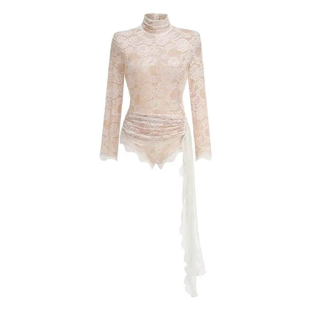 Long Sleeve Lace Bodycon Draped Bodysuit - REBECATHELABEL