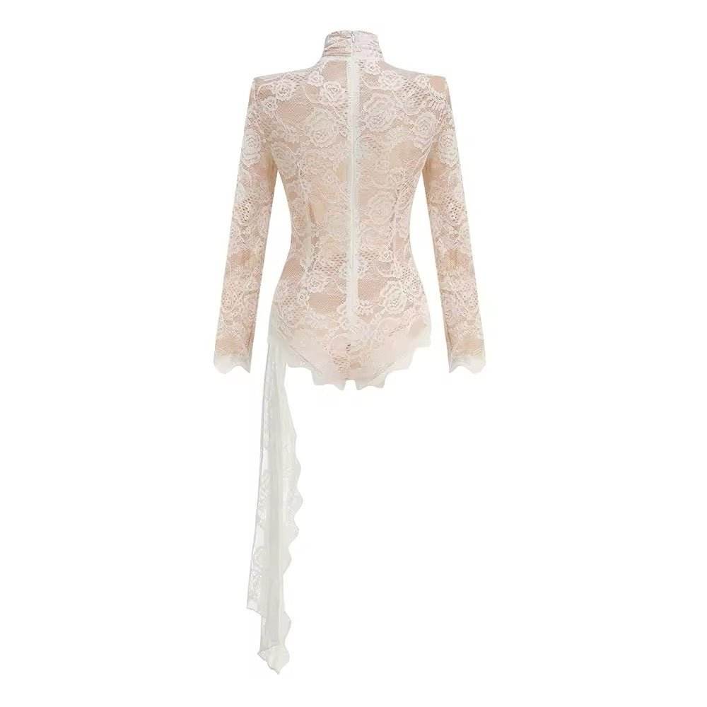 Long Sleeve Lace Bodycon Draped Bodysuit - REBECATHELABEL