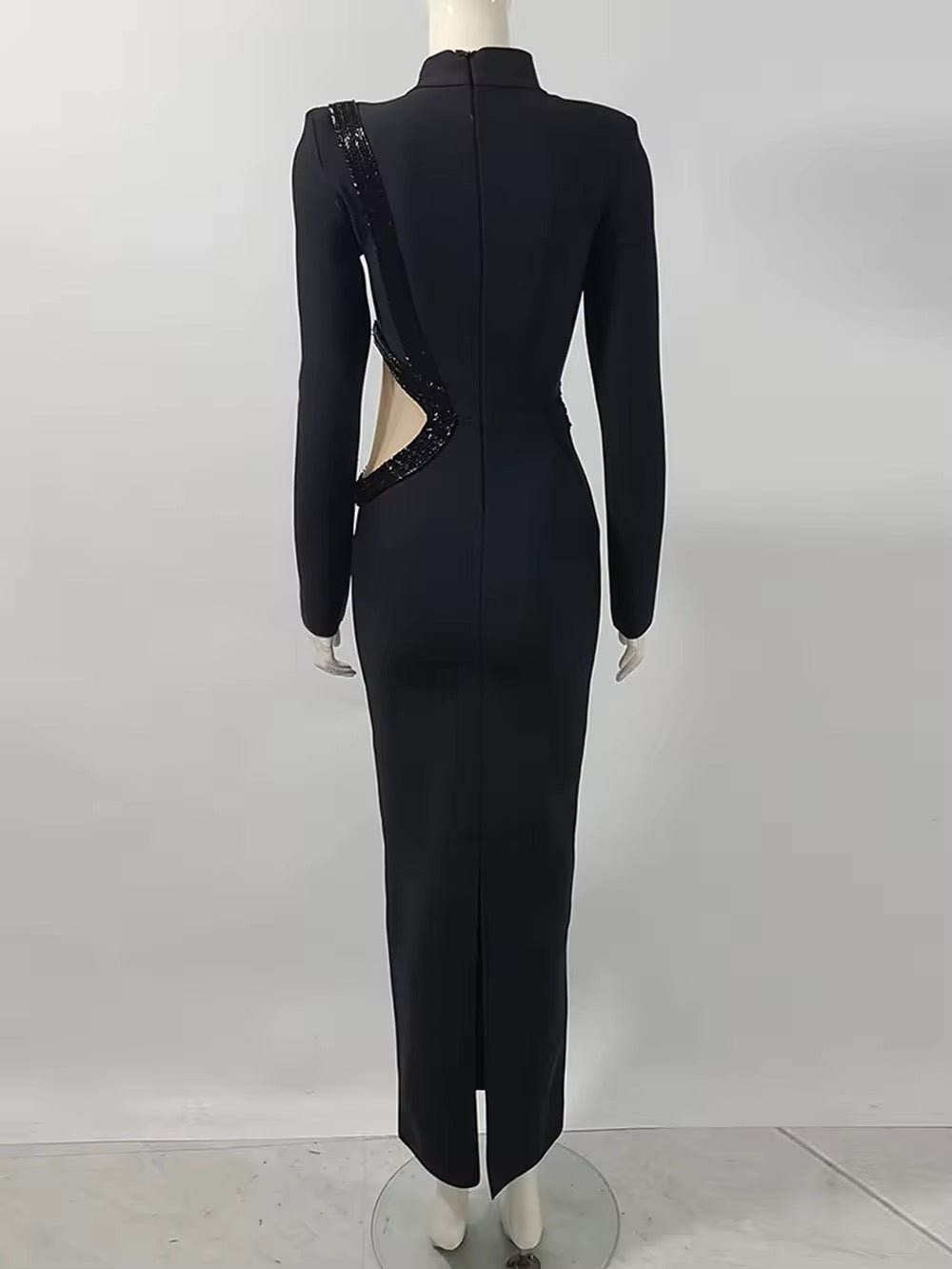 Long Sleeve Mesh Beading Black Midi Bandage Dress - REBECATHELABEL